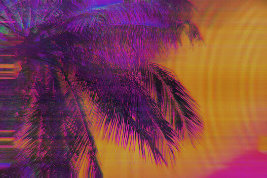 Distorted palm silhouette in glitchy purple, orange, pink. Y2K aesthetic, tropical theme, vibrant colors, digital art. 90s posters, summer visuals, 80s creative banner, retro 2000s style.