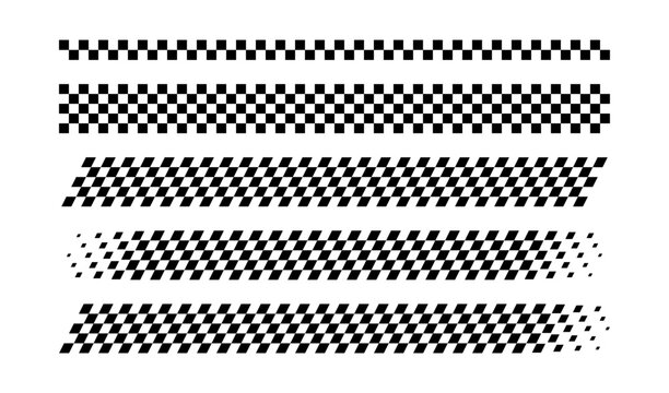Race flag lines set. Black and white checker finish ribbon. Car race check grid pattern. Rally border abstract texture. Graphic design element. Vector illustration isolated on white background.