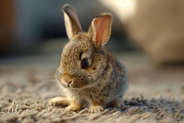 Naklejka premium Small brown bunny sitting on a carpet, looking cute and cuddly