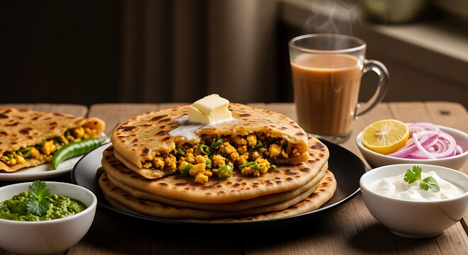 Stack of stuffed parathas served with butter, yogurt, chutney, and hot tea creates a hearty Indian breakfast spread.