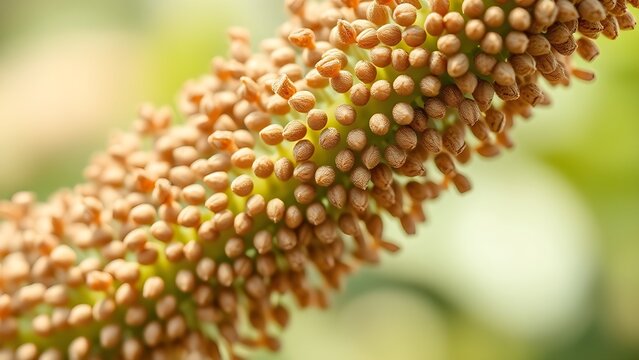 psyllium. Close-up of a plant stalk with dense clusters of tiny brown seeds. gardening catalogs, home-decor guides, designed for gardening and botanical catalogs, used by policy analysts.