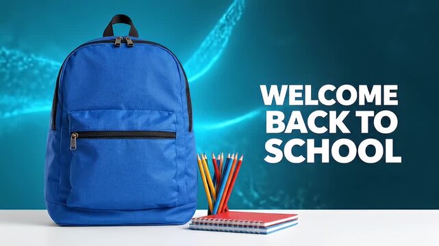 Blue backpack and school supplies on a white table with text overlay