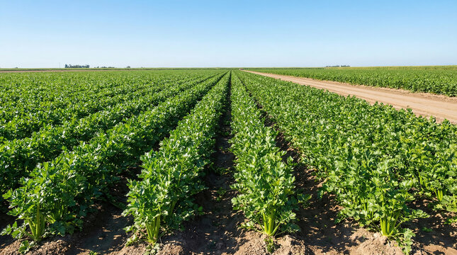 Rows of green crops in a field showing sustainable agriculture practices in broad daylight
