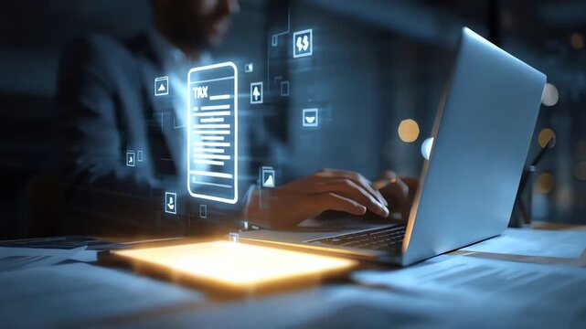 Close-up of a man working on a laptop with a smartphone interface and icons projected above the keyboard in a dark office.