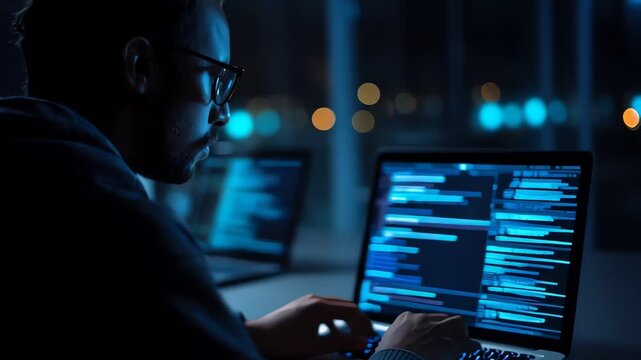 A man in a dark room working on a laptop with blue coding screens in a nighttime office setting with a moody atmosphere.