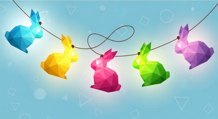 Colorful polygon bunny garland on soft blue background for easter spring banner and seasonal decoration design
