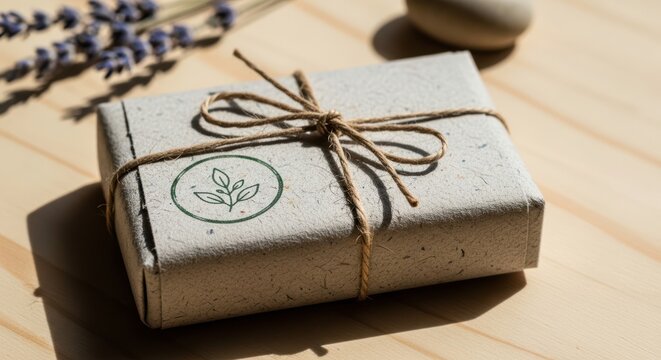 A rustic soap bar wrapped in twine on a wooden surface with lavender and stones