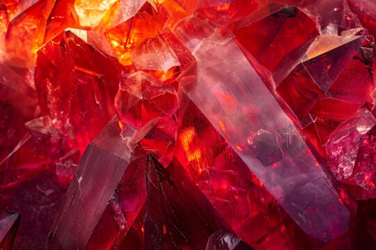 Red crystal cluster formation showing glowing gemstone texture in a macro closeup