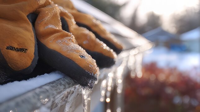 Durable work gloves covered in glistening ice and fresh snow rest precariously on a frosty gutter during a bright winter day.