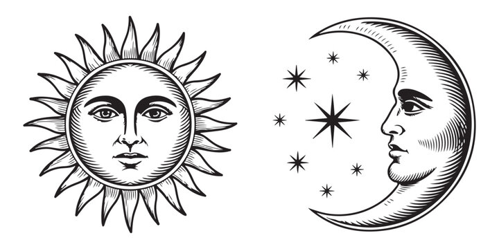 Vintage sun and moon with human faces engraving style illustration for woodcut tarot and occult art theme