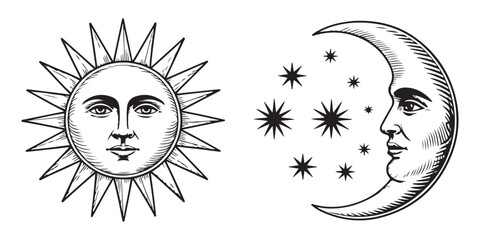 Vintage sun and crescent moon with stars graphic design element vintage illustration sun face moon face © Siyam Islam