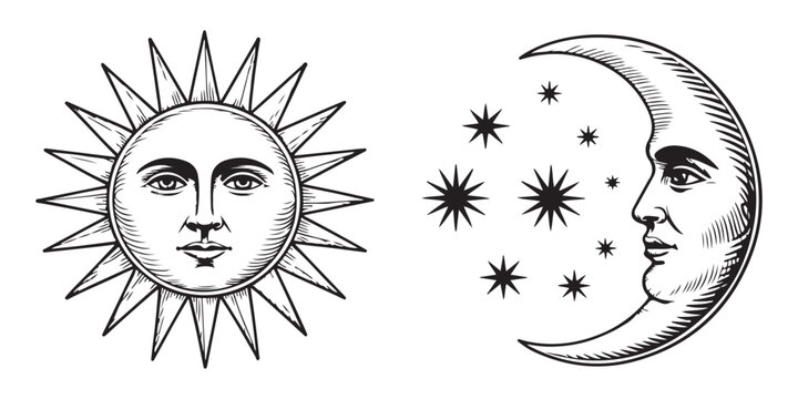 Vintage sun and crescent moon with stars graphic design element vintage illustration sun face moon face
