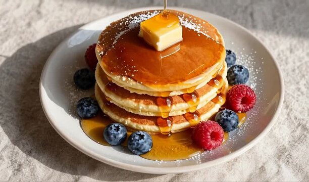 Stack of four pancakes on white plate; butter pat, syrup drizzle, blueberries, raspberries at base; sunlit, textured surface, comforting breakfast scene, cozy kitchen mood. 4K, HD