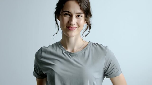Portrait of a smiling young woman wearing a gray t-shirt against a light blue background.