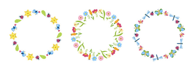 3 Round Spring floral frames collection. Copy space for inscription in center. Seasonal hand drawn card, poster, web banner. Vector illustration on white background. © plaksik13
