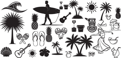 Obraz premium Black and white tropical beach including palm trees pineapples surfboard