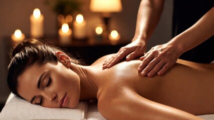 Relaxing spa massage with young caucasian female in serene candlelit atmosphere.
