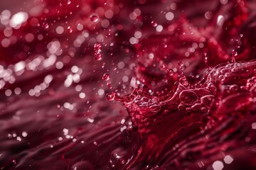 Naklejka premium Crown shaped red wine is splashing, creating drops and bubbles with beautiful bokeh in the background