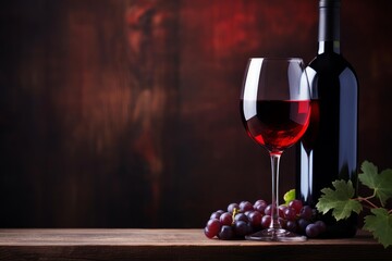 Naklejka premium Red wine in a glass, a bottle, and fresh grapes on a rustic wooden table