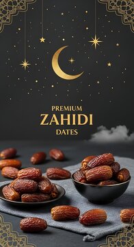 Premium Zahidi Dates under Crescent Moon Night.