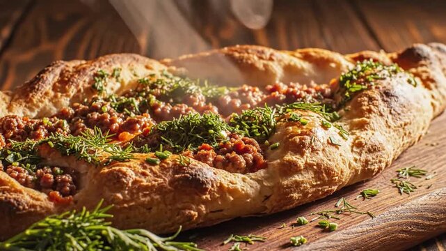 Savory Turkish pide bread with ground meat, herbs, and steam on a wooden cutting board