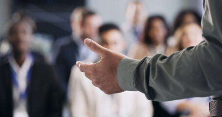 Hand, speaker and speech to crowd in seminar for insight, knowledge and career development. Summit...