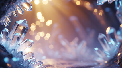 Sparkling Clear Crystals Illuminated by Golden Light Abstract Luminous Background