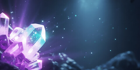 Fantasy radiant purple crystals with magical light on background