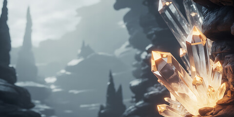 Luminous Golden Crystals Illuminating Mysterious Underground Cave Environment