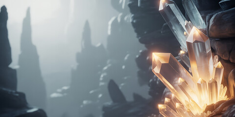 Luminous Fantasy Crystals Glowing in Mysterious Underground Cavern Landscape