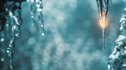 Shining Icicle Melting in Cold Winter Frosty Bokeh Background