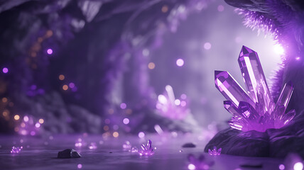 Enchanting Purple Crystals Glowing in Mystical Fantasy Cave Background
