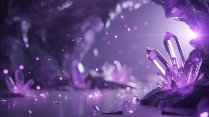Mysterious Enchanted Cave with Luminous Purple Crystals and Magical Particles