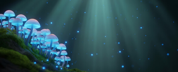 Magical Glowing Blue Mushrooms in Mystical Forest with Ethereal Light Rays