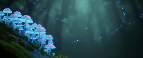 Magical Glowing Mushrooms Illuminate Enchanted Forest with Ethereal Light Particles