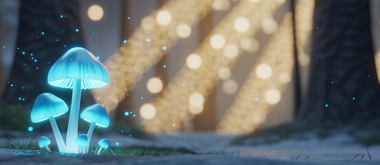Magical Blue Glowing Mushrooms in Enchanted Forest with Bokeh Lights