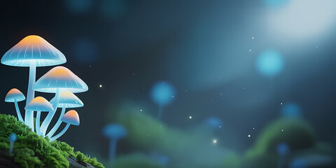 Magical Glowing Mushrooms in Enchanting Forest with Blue Light Background