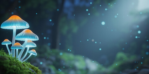 Mystical Glowing Mushrooms in Enchanted Forest with Ethereal Light Particles