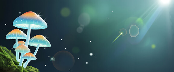 Enchanted Glowing Mushrooms on Mossy Forest Floor with Bokeh Light