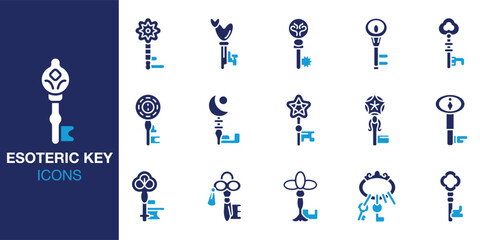 Fototapeta premium Esoteric Key icon set. Containing rune, glyph, ancient, enchanted, ritual, portal, gateway and more. Solid vector icons collection. Vector illustration.