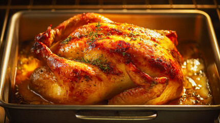 Fototapeta premium Golden roasted whole chicken seasoned with herbs cooking in a metal roasting pan with juices and crispy skin perfect for a festive meal or family dinner
