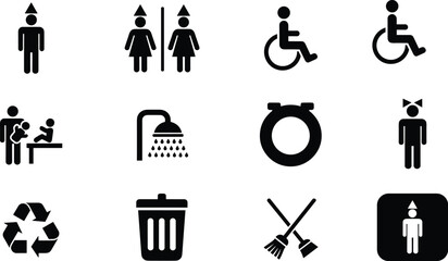 Naklejka premium Public restroom and cleaning service flat vector icon set, accessibility symbols, hygiene facilities, recycling collection