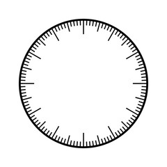 Mechanical clock face, bezel. Watch dial with minute and hour marks. Timer or stopwatch element. Blank measuring circle scale with divisions. Vector illustration