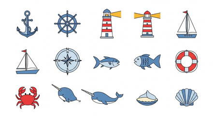 Nautical themed illustrations featuring various marine elements and sea creatures. © Efan
