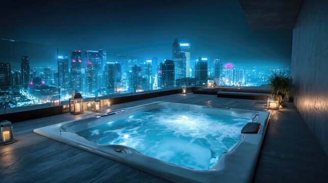 Luxurious rooftop jacuzzi with steaming blue water, candles and plants on wooden deck overlooking futuristic skyscraper skyline at night, concept of urban zen relaxation