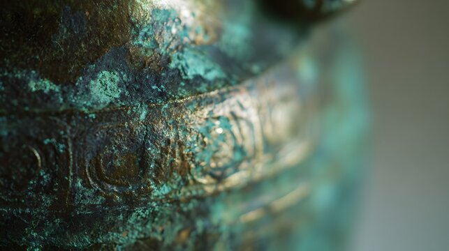 Ancient bronze artifact reveals rich patina textures aged details evoke historical cinematic realism