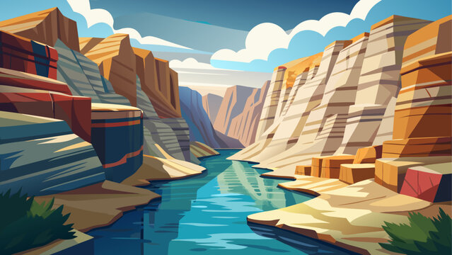 A narrow natural river gorge with rocky walls smooth water flowing through layered stone formations open sky above clean minimal vector illustration flat design uncluttered composition
