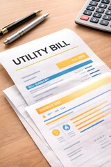 Detailed Utility Bill Document Displayed on Wooden Desk Alongside Calculator and Writing Instruments for Financial Management and Budgeting