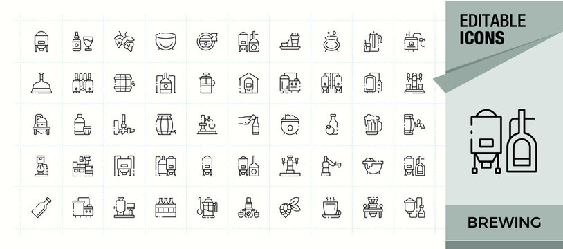 Brewing icon set. Minimalist icons collection. Contains related to mug, glass, hop, bar. Vector artwork and illustration. Drink icon.
