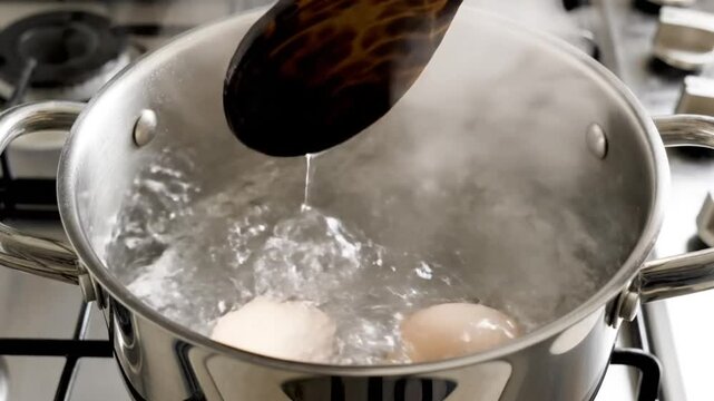 Boiling eggs in a stainless steel pot on a gas stove, cooking a simple breakfast or meal preparation